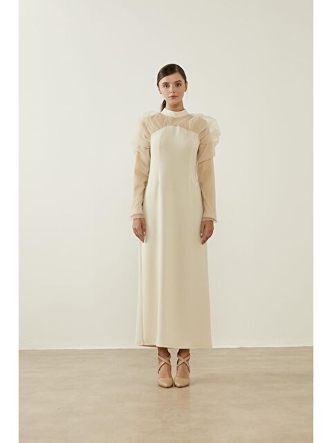 Mizalle Organze Fırfırlı Ekru Elbise - S000211352-19965