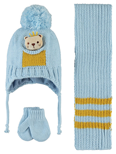 Kitti Erkek Bebek Atkı Bere Eldiven Set 0-24 Ay  Açık Mavi - S000342190-17437