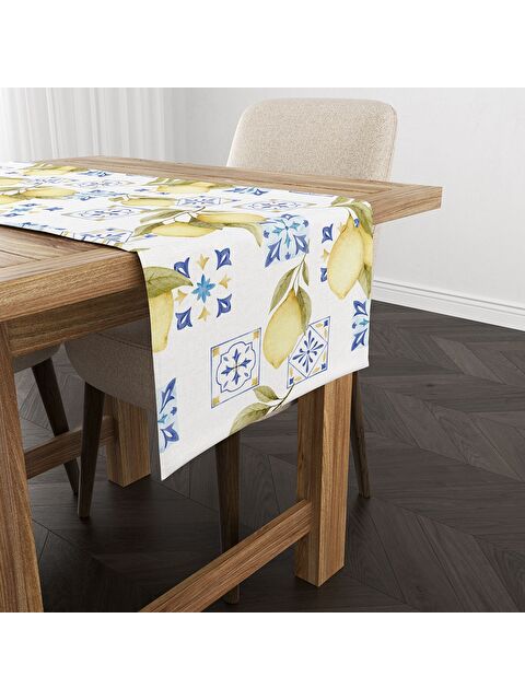 Evmila Bahar Temalı Limon Desenli Kadife Kumaş Dijital Baskılı Runner - S000387743-23173