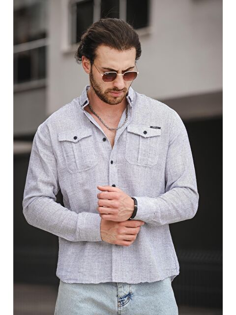 Oksit Dar Kalıp Çift Cep Kapaklı Keten Görünümlü Erkek Gömlek - S000181268-21164