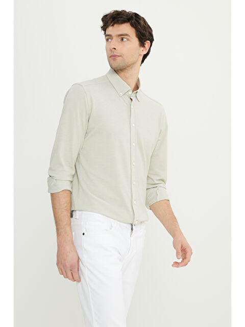 Altınyıldız Classics Erkek Haki 360 Her Yöne Esneyen Pamuklu Slim Fit Dar Kesim Düğmeli Yaka Örme Gömlek