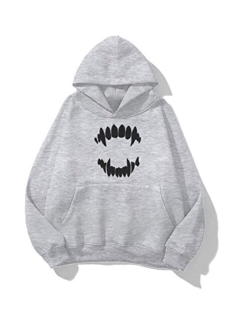 Trendseninle Unisex Tooth Baskılı Kapüşonlu Sweatshirt Hoodie Gri - S000443086-29351