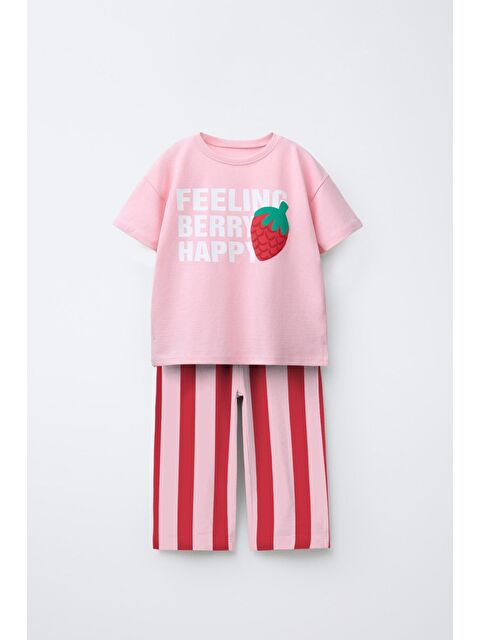 Magu Kız Çocuk Pamuklu Pembe Çilek Baskılı T-Shirt Eşofman Takım - S000531763-20024