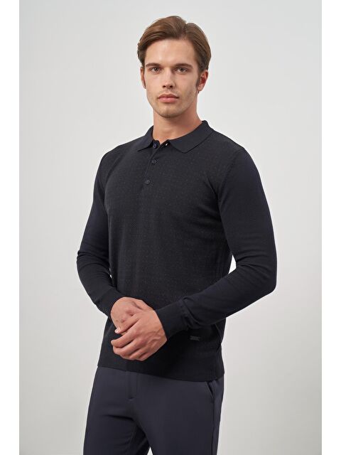 İMZA Koyu Lacivert Uzun Kol Kendinden Desenli Örme Polo Yaka Classic Comfort Fit Triko 1012245162 - S000348517-29672