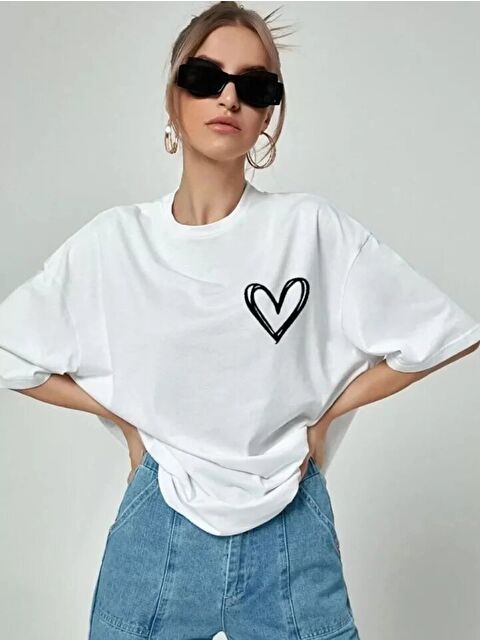 Jane's Bisiklet Yaka Baskılı Oversize T-Shirt - Beyaz