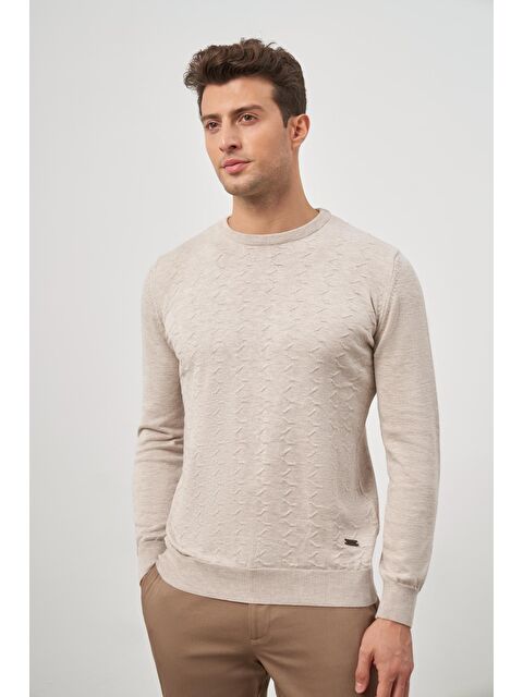 İMZA Bej Uzun Kol Kendinden Desenli Örme Bisiklet Yaka Classic Comfort Fit Triko 1012245155 - S000348518-19928