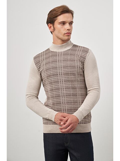 İMZA Bej Uzun Kol Kendinden Desenli Örme Yarım Balıkçı Yaka Classic Comfort Fit Triko 1012245158 - S000348519-19928