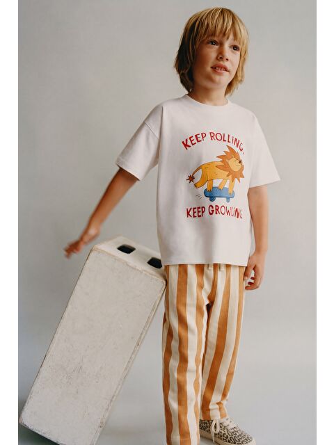 Magu Erkek Çocuk Pamuklu Beyaz Aslan Baskılı T-Shirt Takım - Çizgili Pantolonlu 2'Li Set - S000531764-23173