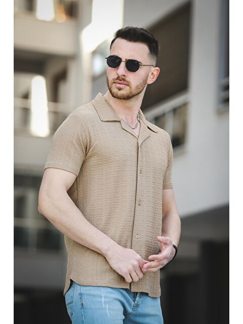 Oksit Dokulu Slim Fit Full Likralı Kısa Kol Apaç Yaka Erkek Gömlek - S000125009-4557