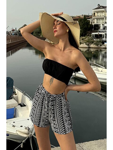 For You Beachwear Desenli Bustiyer Siyah-Beyaz ŞortTakım - S000217679-37424