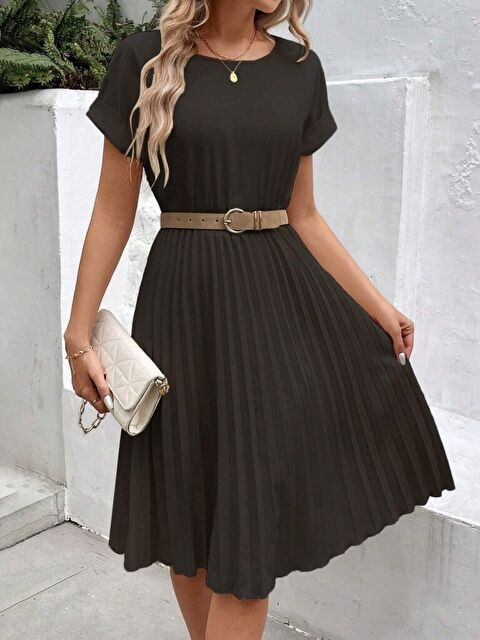 Jane's Kadın Kısa Kollu Yakası Açık Belden Lastikli Pileli Kısa Ithal Krep Elbise - S000529106-19351