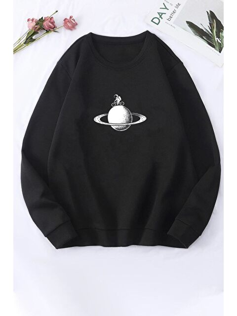 uyguntarz Unisex Astronaut Rides Baskılı Bisiklet Yaka %100 Pamuk Sweatshirt - S000269953-19351