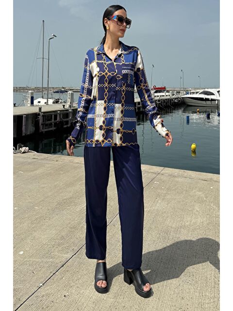 Now Moda 3'lü Saten Zincir Desen Atlet Pantolon Lacivert Takım - S000217683-21164