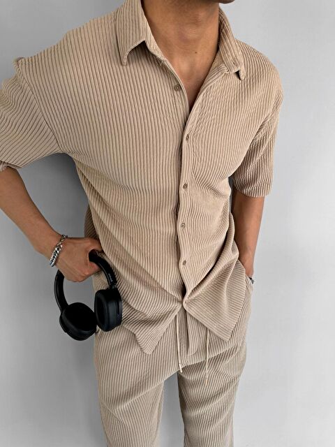 Abluka Online Erkek Oversize Fitilli Küba Yaka Gömlek Bej - S000240387-19928