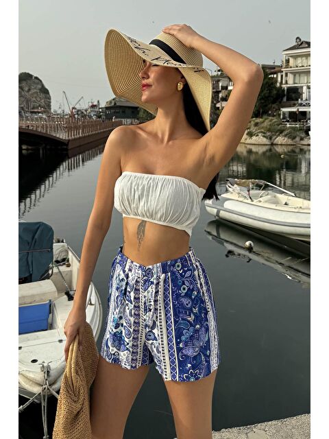 For You Beachwear Desenli Bustiyer Mavi-Beyaz Şort Takım - S000217685-37368