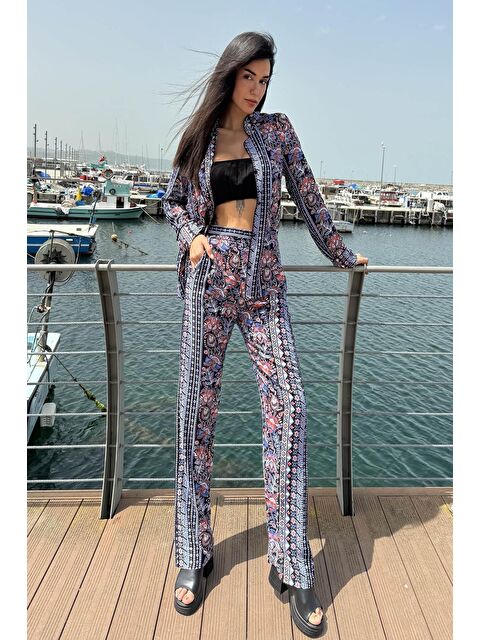 Now Moda 3'lü Viskon Desenli Bustiyer Pantolon Kırmızı-Mavi Takım - S000217684-37330