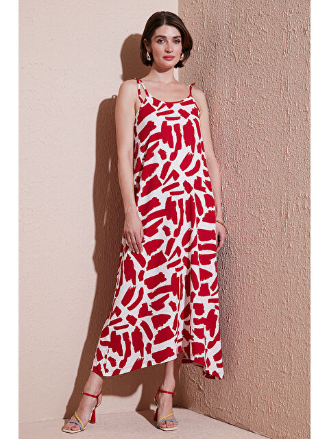 Lela Desenli Midi Boy Oversize Fit Bağlamalı İp Askılı Bisiklet Yaka Elbise 5869009 - S000346513-19951