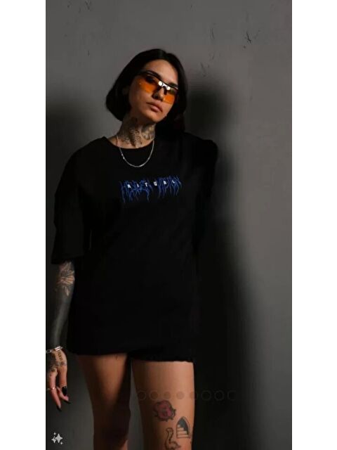 Jane's Unisex Bisiklet Yaka Baskılı Oversize T-Shirt - Siyah