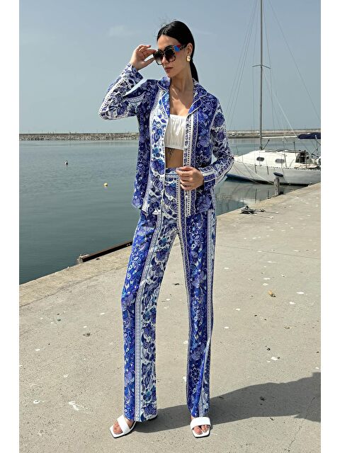 Now Moda 3'lü Viskon Desenli Bustiyer Pantolon Mavi Takım - S000217686-17234