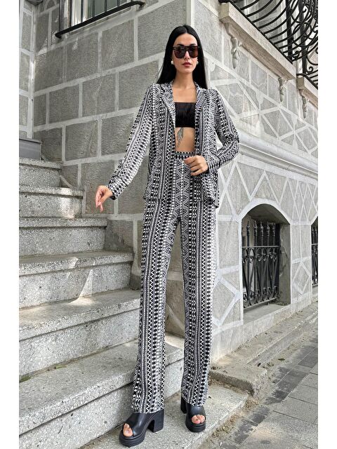 Now Moda 3'lü Viskon Desenli Bustiyer Pantolon Siyah Takım - S000217687-19351