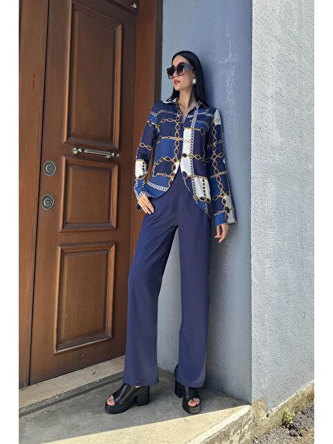 Now Moda 3'lü Saten Zincir Desenli Bustiyer Pantolon Lacivert Takım - S000217688-21164