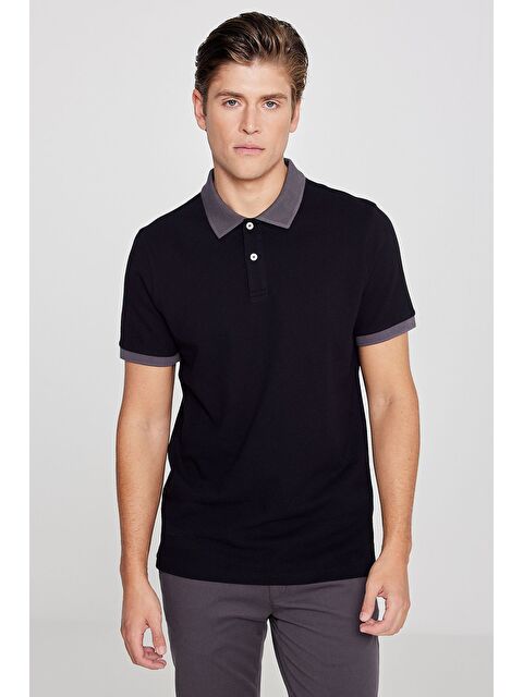 AC&Co / Altınyıldız Classics Erkek Siyah-Antrasit %100 Pamuk Slim Fit Dar Kesim Polo Yaka Tişört