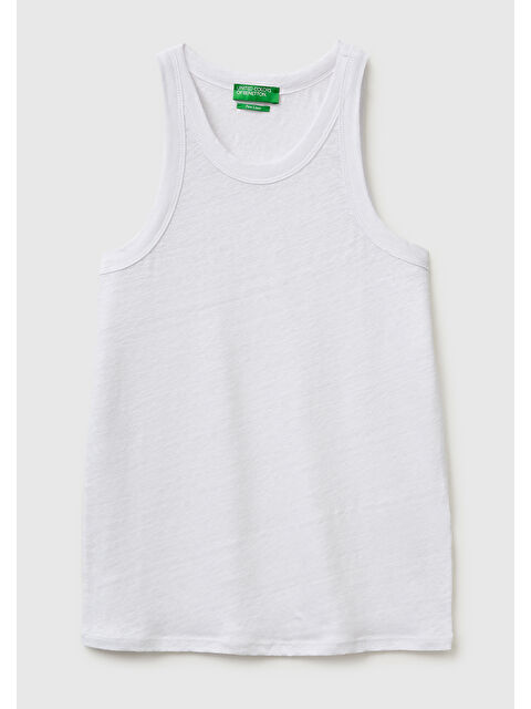 United Colors Of Benetton Kadın Beyaz %100 Keten Dikişsiz Regular Fit Bisiklet Yaka Kolsuz Atlet