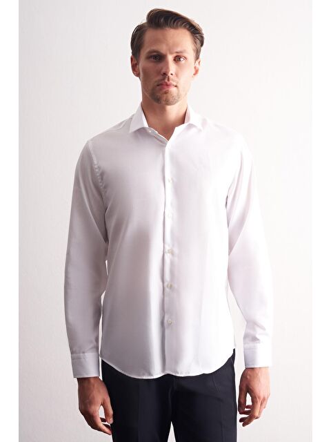 İMZA Beyaz Yarım İtalyan Yaka Kendinden Desenli Uzun Kol Premium Slim Fit %100 Pamuk Gömlek 1004255192 - S000505502-20063