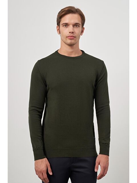 İMZA Koyu Haki Uzun Kol Düz Örme Bisiklet Yaka Classic Comfort Fit Triko 1012245006 - S000348520-19294