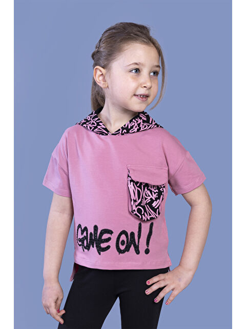 Toontoykids Kız Çocuk Cep Detaylı Kapüşonlu Baskılı Tişört