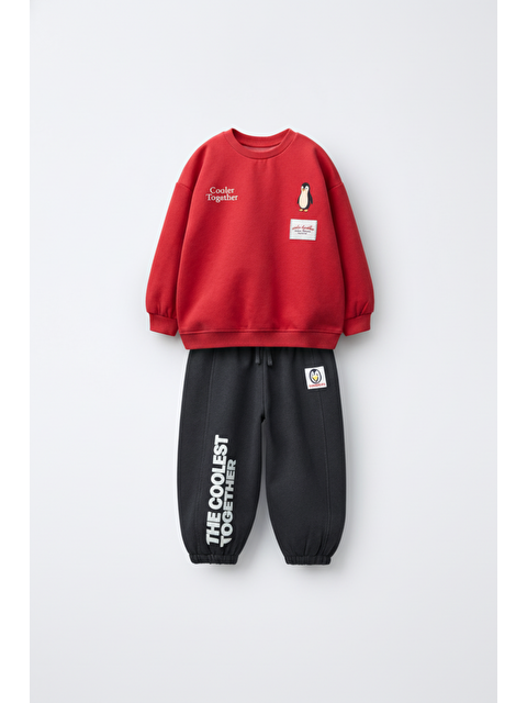 Magu Erkek Çocuk Pamuklu Kırmızı Penguen Baskılı Sweat & Siyah Eşofman Takım – Oversize - S000481485-23173