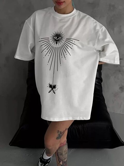 Jane's Unisex Bisiklet Yaka Baskılı Oversize T-Shirt - Beyaz