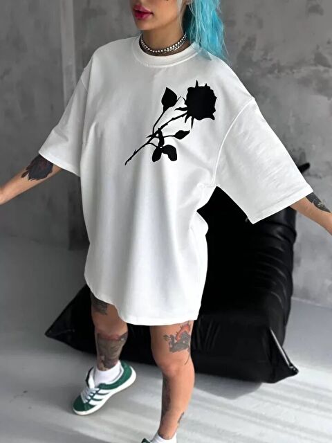 Jane's Unisex Bisiklet Yaka Baskılı Oversize T-Shirt - Beyaz