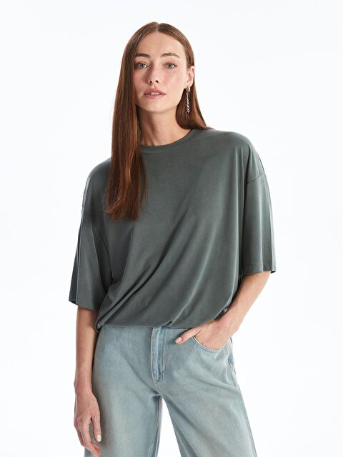 Dexia Pau - Modal  Kumaş Düz Oversize Tshirt- Haki - S000222841-18547