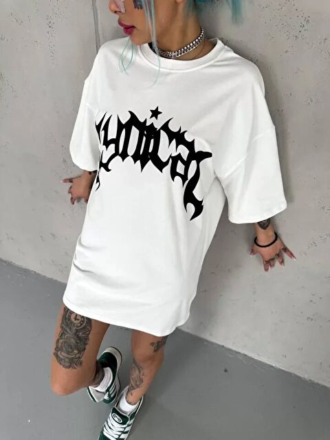 Jane's Unisex Bisiklet Yaka Baskılı Oversize T-Shirt - Beyaz