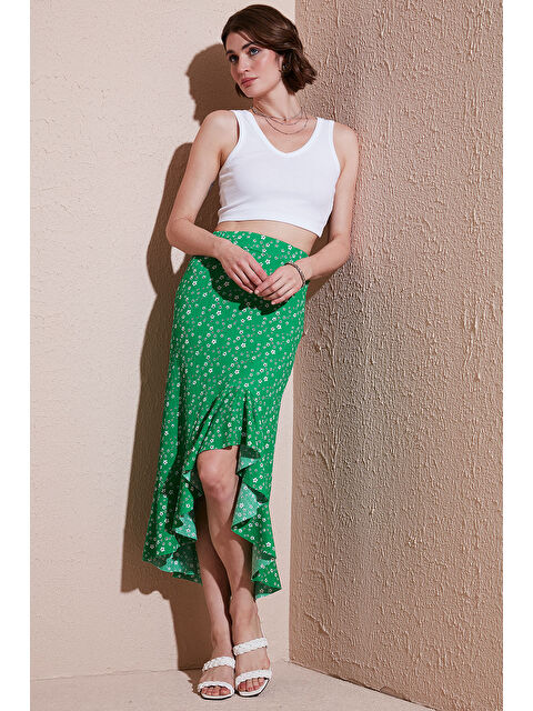 Lela Çiçek Desenli Regular Fit Volanlı Yüksek Bel Midi Boy Yırtmaçlı Etek 5869012 - S000346514-18194