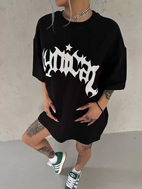 Jane's Unisex Bisiklet Yaka Baskılı Oversize T-Shirt - Siyah