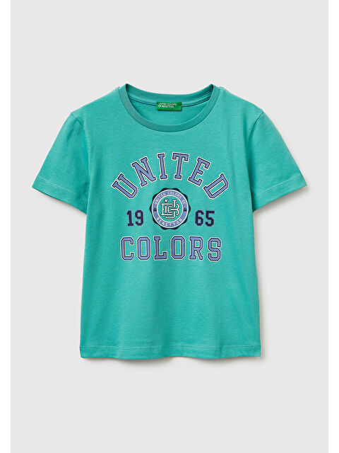 United Colors Of Benetton Erkek Çocuk Mavi-yeşil Önü Logo Baskılı Yuvarlak Yaka T-Shirt
