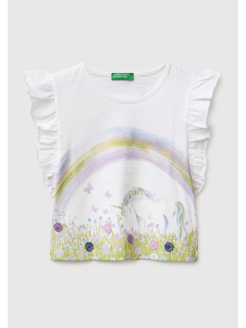 United Colors Of Benetton Kız Çocuk Beyaz İşlemeli Kelebek Baskılı Kolları Fırfırlı T-Shirt