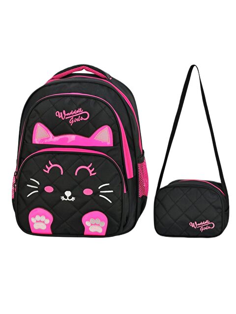 Waddell 3 Bölmeli İlkokul Çantası ve Beslenme Çantası Kedi Siyah-Pembe 5011 - S000392637-19351