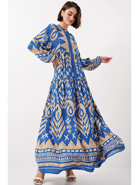 Bigdart 2423 Otantik Desenli Tesettür Elbise - F.Mavi - S000273939-37368