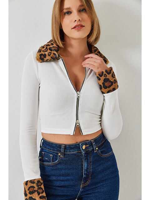 SHADE Kadın Leopar Pelüşlü Fermuarlı Hırka - S000313432-20063