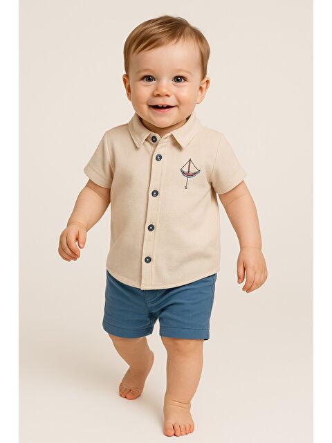 Kidex's Tarz Erkek Bebek Gömlekli Yelken Desenli Belden Ayarlanabilir Kısa Kollu Şortlu 2'li Takım
