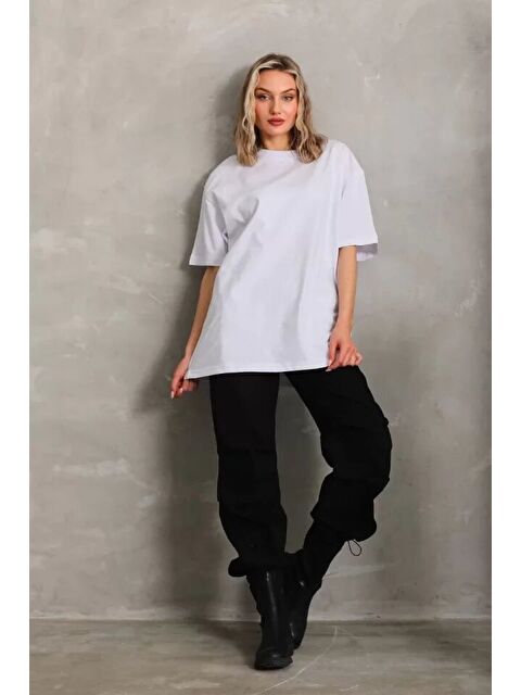Jane's Unisex Bisiklet Yaka 20/1 Düz Oversize T-Shirt - Beyaz