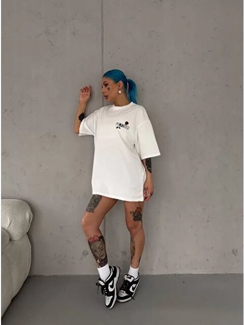 Jane's Unisex Bisiklet Yaka Baskılı Oversize T-Shirt - Beyaz
