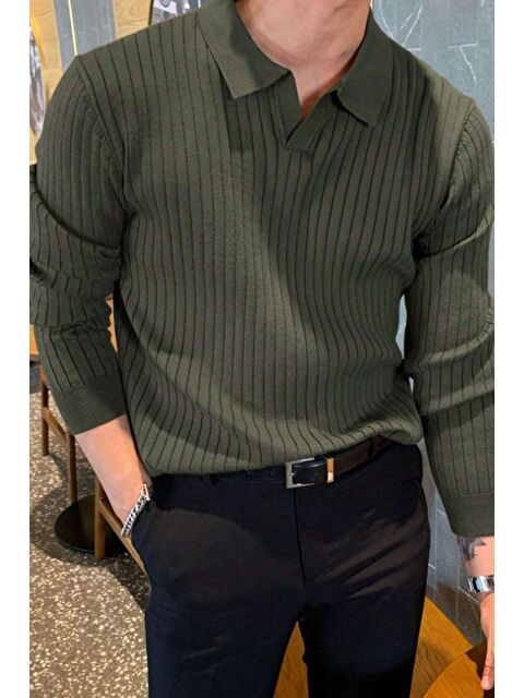 Tarz Cool Erkek Polo Yaka Fitilli Triko Kazak - S000141623-18547