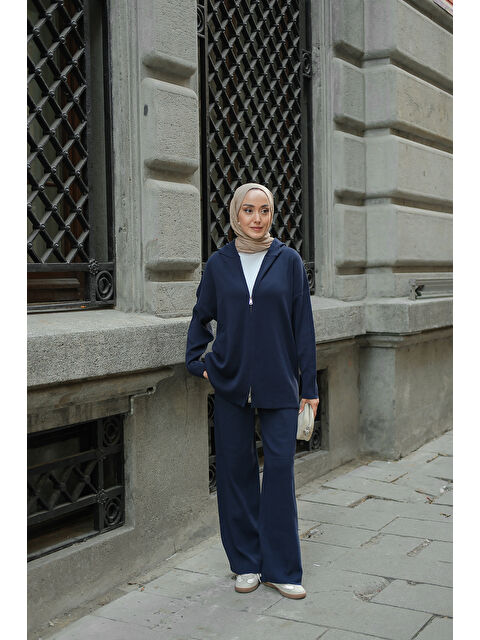 Locco Moda Kadın Kendinden Desenli Triko Takım Lacivert - S000474845-21164