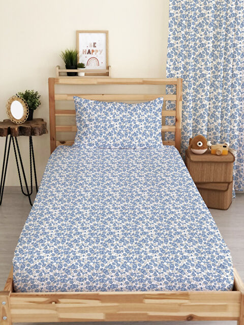 Evmila Çiçek Desenli Baskılı Tek Kişilik Ve Bebek Boy Lastikli Çarşaf Seti Mavi - S000291325-23173