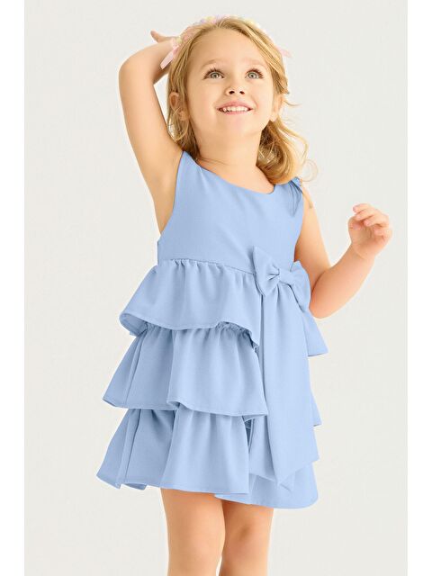 Zepkids Bisiklet Yaka Kurdele Detaylı Eteği Fırfırlı Sıfır Kol Bebe Mavisi Renk Kız Çocuk Elbise - S000357229-3642