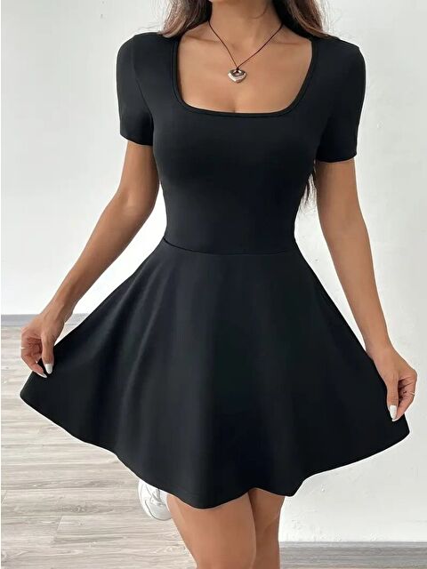 Jane's Kadın Kısa Kollu Kare Yaka Short Detaylı Cepli Dalgıç Elbise - S000529114-19351